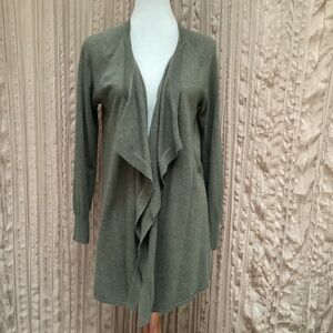 LOFT Olive Green Women's Open Draped Front Cardigan, good for layering, longer,S